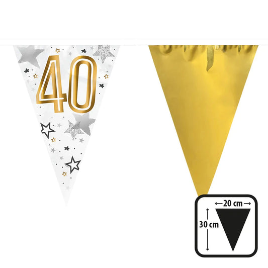 Goldene Wimpelkette mit der Aufschrift "40", 6 Meter lang, doppelseitig und reißfest.