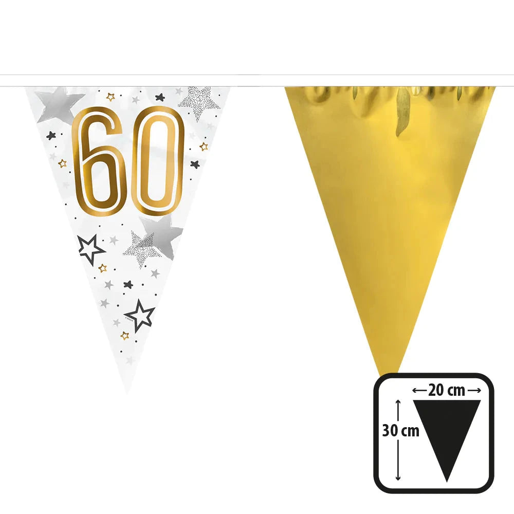 Goldene Wimpelkette mit der Zahl 60, 6 Meter lang, für Geburtstagsfeiern dekoriert.