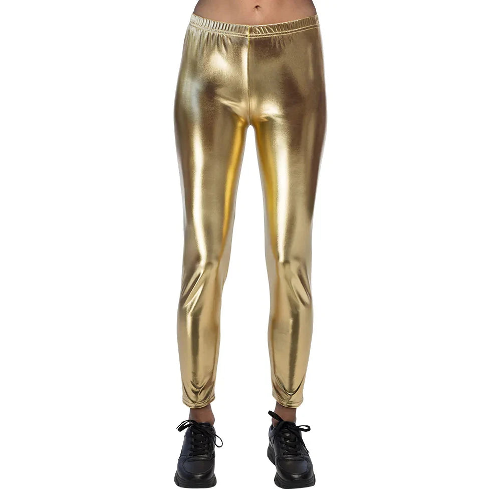 Goldene Metallic Leggings aus Spandex mit hohem Bund in glänzendem Gold.