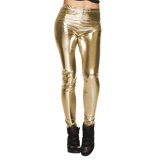 Goldene Metallic Leggings aus glänzendem Spandex mit hohem Bund für Damen.