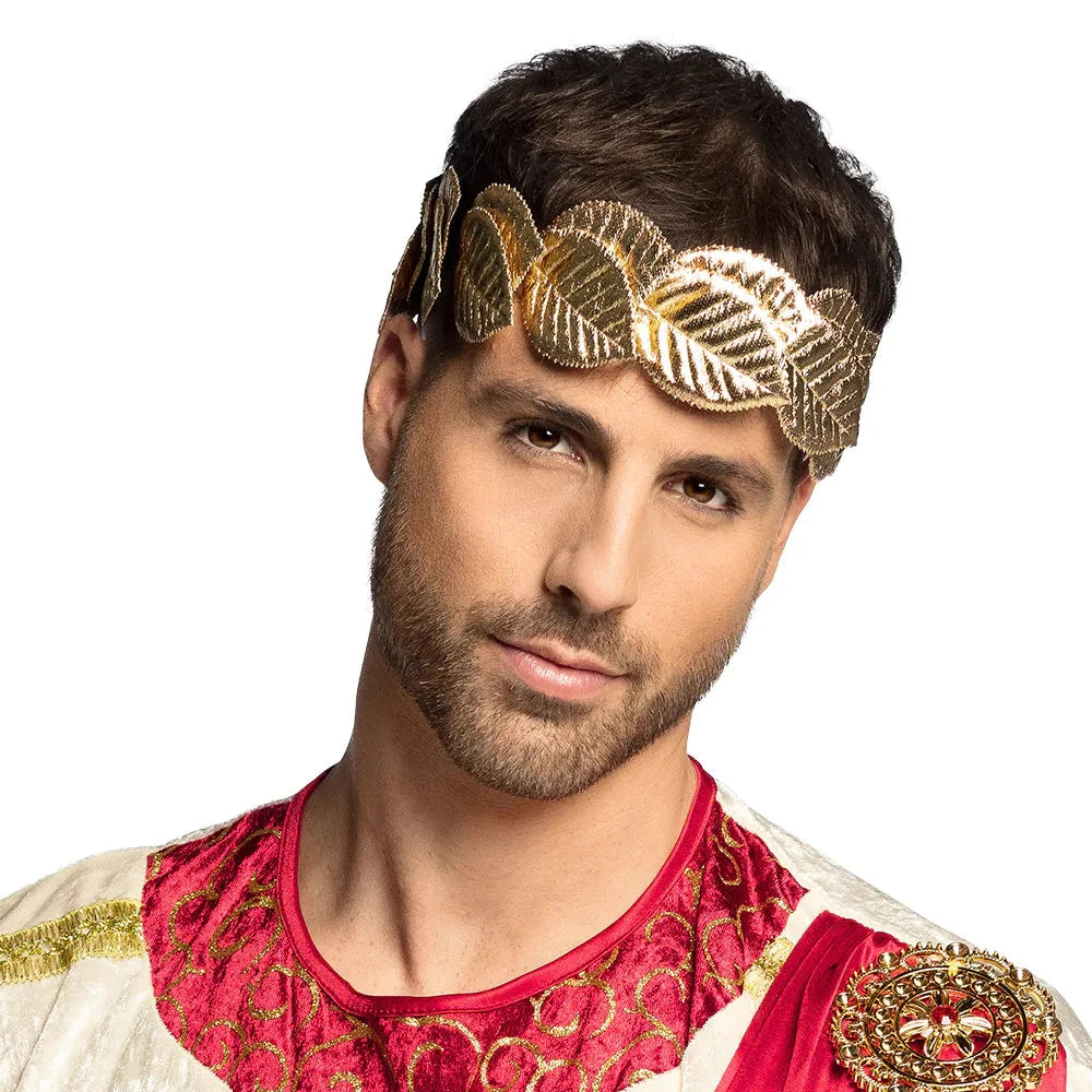 Golden glänzendes Lorbeerkranz-Haarband aus Metall mit flexiblem Drahtrahmen, elegant und leicht.