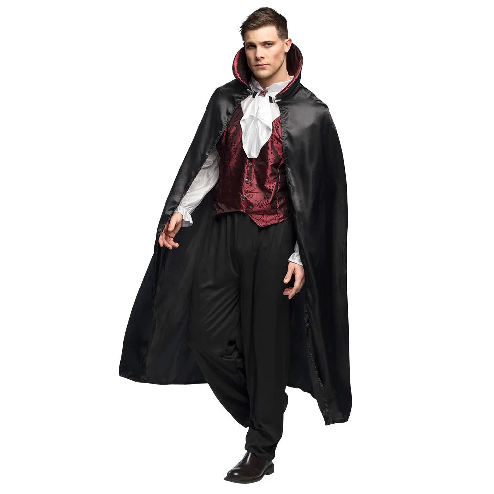 Schwarzes Gothic Vampirkostüm mit langem Satin-Cape, Rüschenhemd und engen Hosen