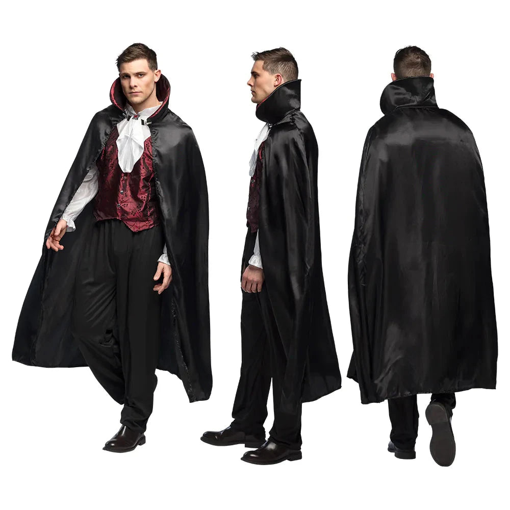 Schwarzes Gothic Vampirkostüm mit langem Satin-Cape, Rüschenhemd und engen Hosen