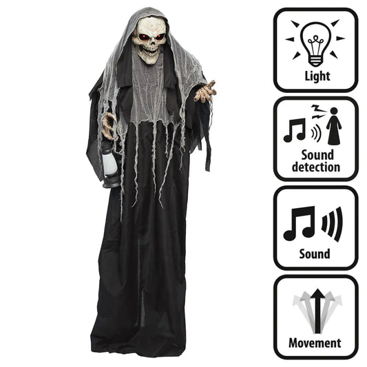 Animierter Grim Reaper in Schwarz mit roten Augen und LED-Laterne, 180 cm hoch.