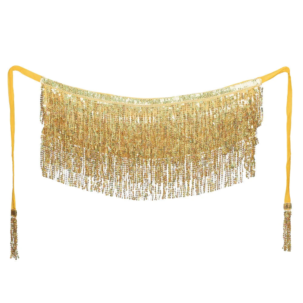 Goldener Pailletten-Gürtel aus Satinband mit verstellbarer Länge und metallischen Fransen