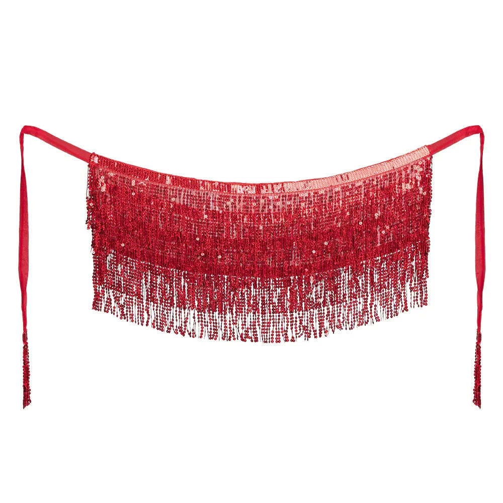 Roter Pailletten-Gürtel mit schimmerndem Fransen, ideal für Festivals und Themenpartys.