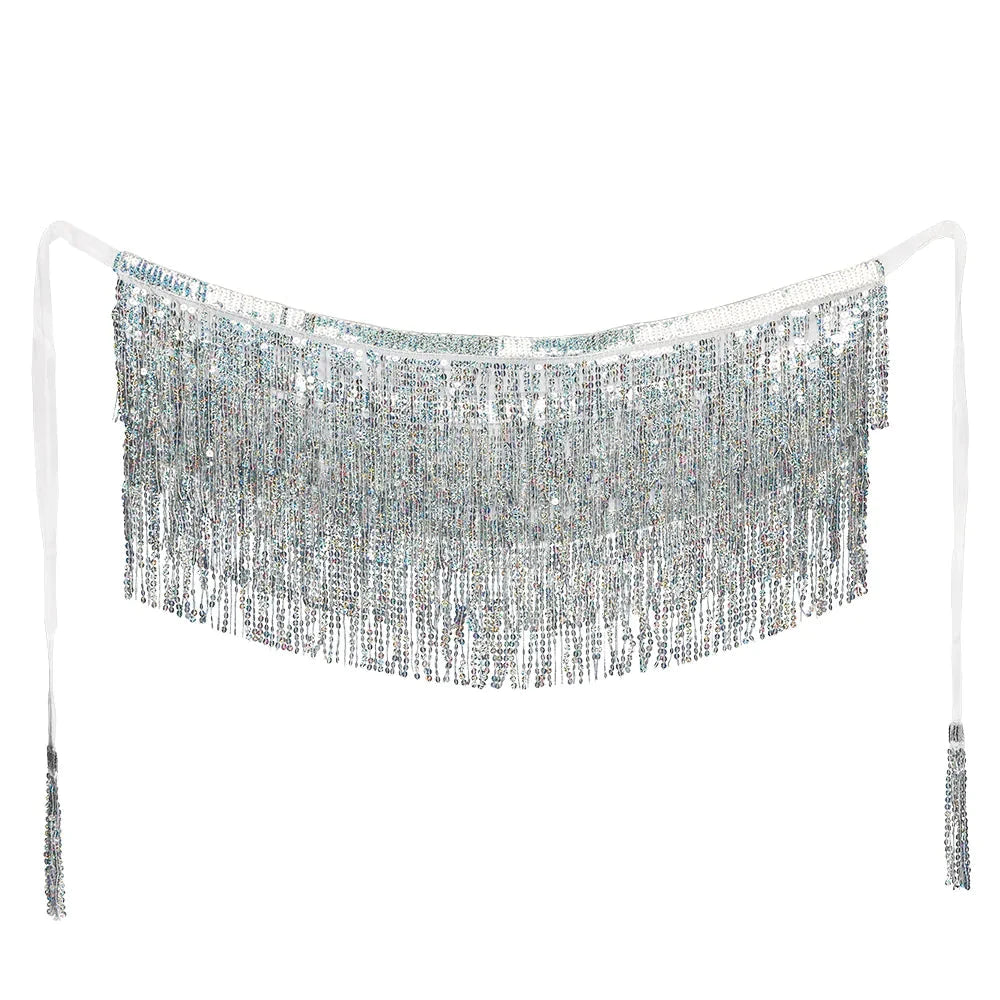 Silberner Pailletten-Gürtel mit verstellbarem Band und leichtem Fransenbesatz für Festivals