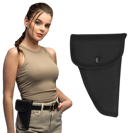 Schwarzes Holster aus Kunstleder mit verstellbarem Gurt und großer Tasche für Accessoires.