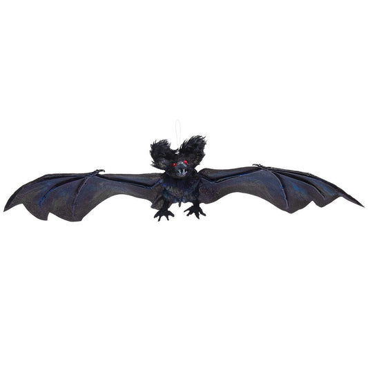 Oversized black plush Halloween bat decoration with red eyes and 64 cm wingspan for hanging.