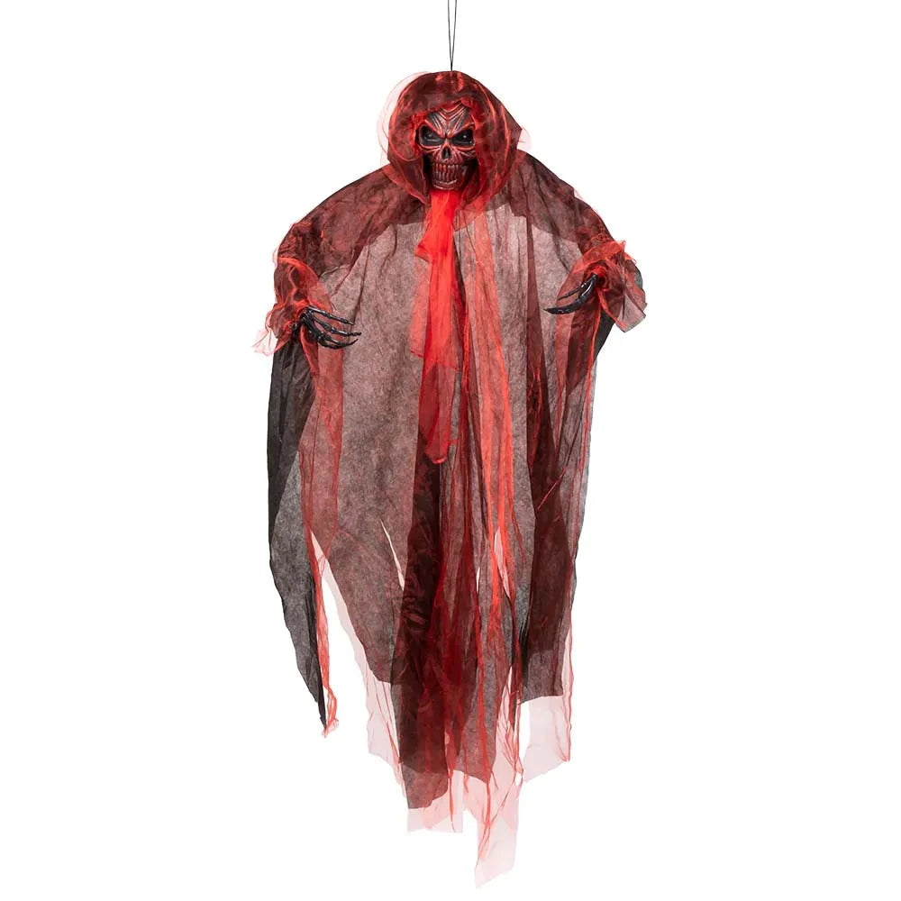 Animated Grim Reaper hanging decoration with motion sensor LED eyes and red hooded figure.