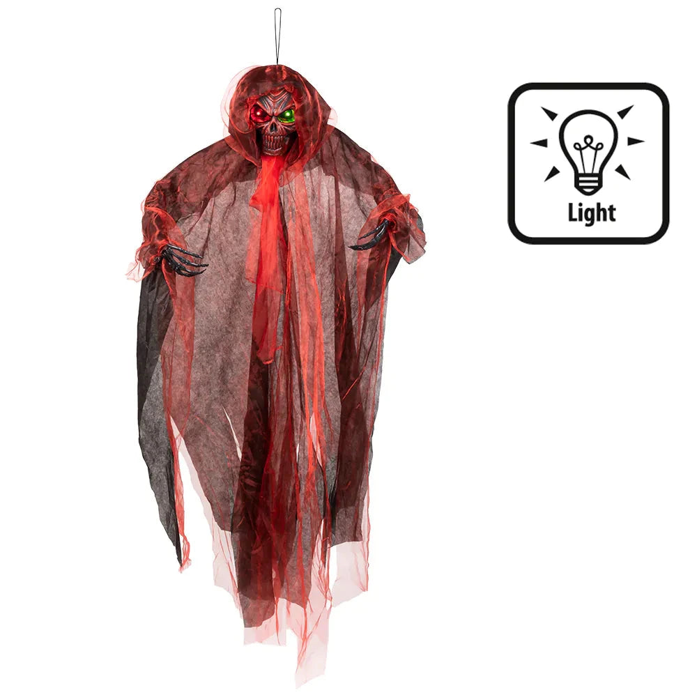 Animated Grim Reaper hanging decoration with red LED eyes and motion sensor.