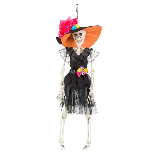 A 40cm hanging skeleton decoration with black lace dress, orange hat, and colorful flowers.