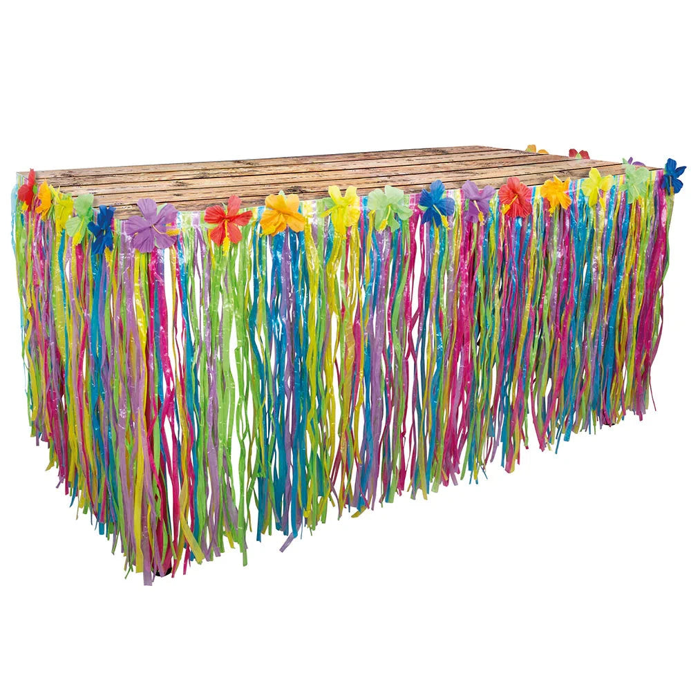 Bunter hawaiianischer Tischrock mit Hibiskusmuster und Fransen, 300 cm lang