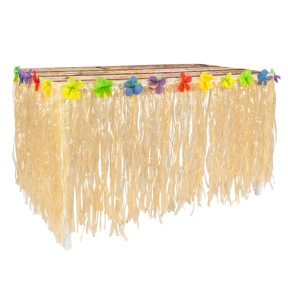 Hawaiianischer Tischrock aus natürlichem Raffia, 300 cm lang mit bunten tropischen Blumen.