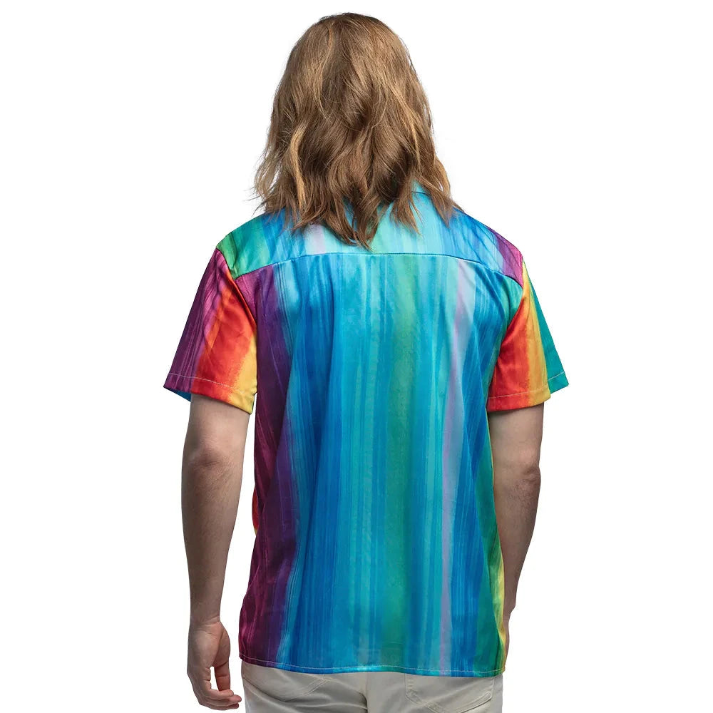 Locker geschnittenes Herrenhemd mit bunten Regenbogenstreifen und pinkem Flamingo-Motiv