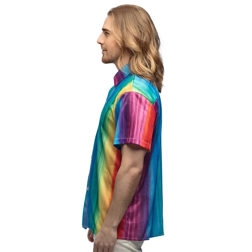 Herrenhemd in entspannter Passform mit bunten Regenbogenstreifen und Flamingo-Motiv.