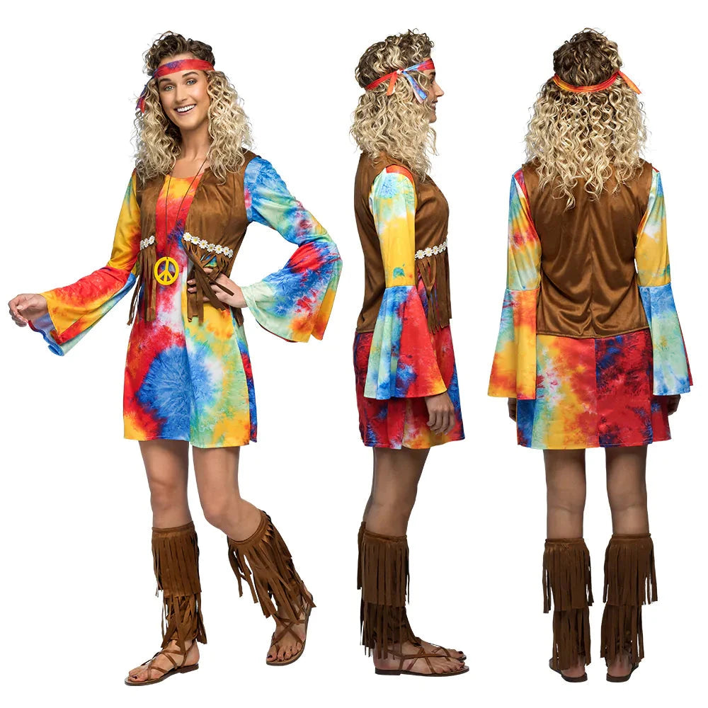 Buntes 60er/70er Jahre Hippie-Kostüm mit Kleid, Fransenweste und passendem Zubehör.