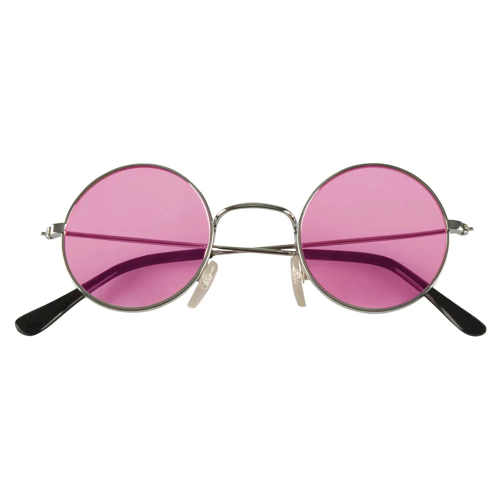 Runde Sonnenbrille mit pinken Gläsern im Retro-Stil, ideal für Festivals und sonnige Tage.