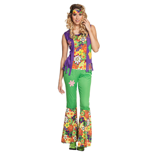 Boland Hippie Kostüm Woodstock Damen Grün – Bell Bottoms & Blumen-Top - Fasnacht24.ch