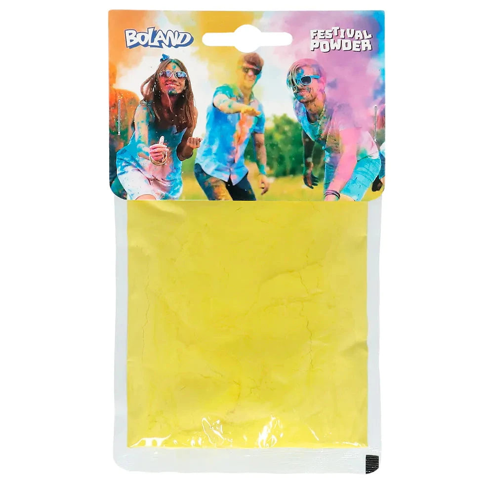 Neon gelbes Holi-Festival-Pulver in 100g-Packung, UV-reaktiv und hautfreundlich.