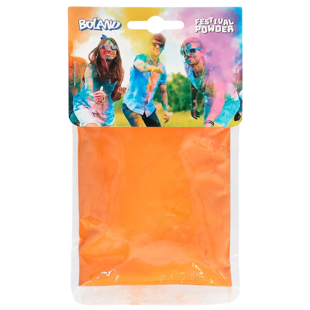 Neon orange Holi Pulver in 100g Packung für farbenfrohe Festivalfeiern.