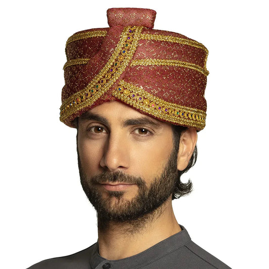 Goldener Turban für Männer mit Jacquard-Muster, inspiriert von 1001 Nacht.