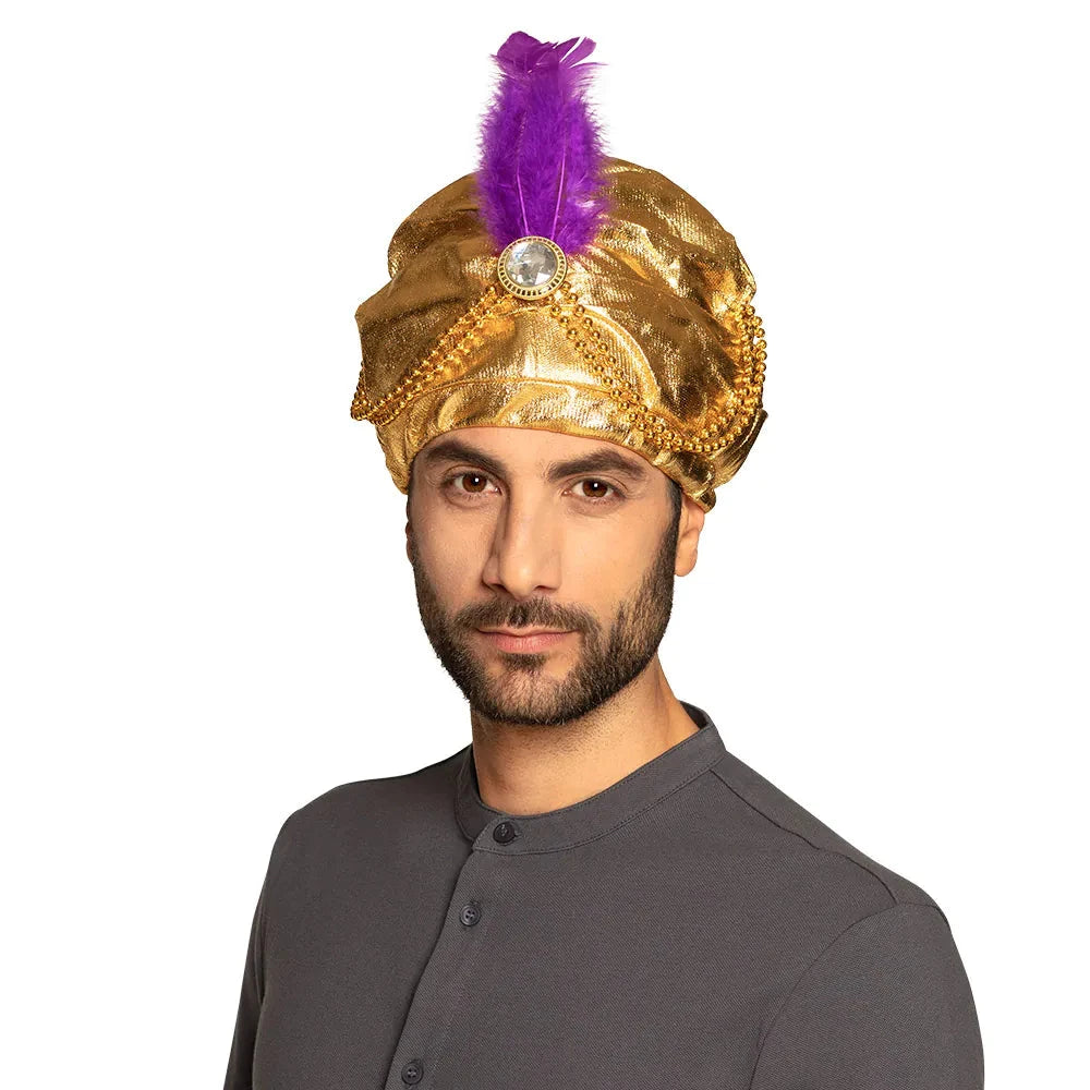 Goldener Sultan Selim Turban aus metallic Brokat mit verstellbarem Innenband und präziser Faltung