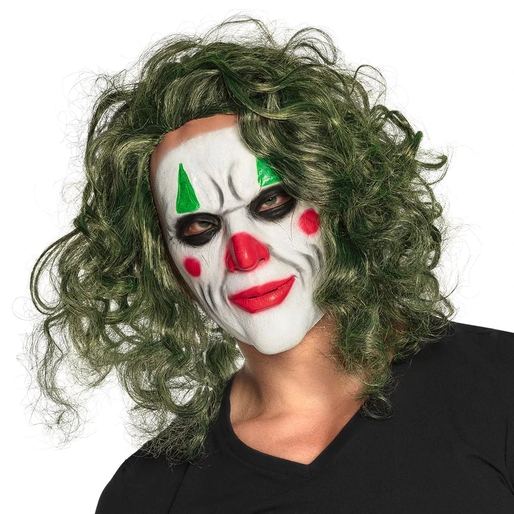 Vollkopf Joker Maske aus Latex mit grüner Perücke und bösem Grinsen.