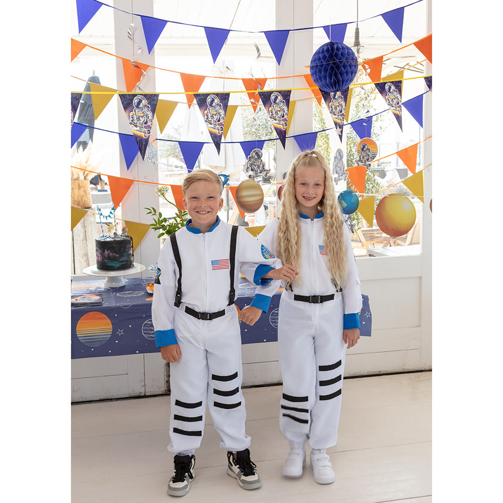 Farbige Kartongirlande mit Weltraumdesign, 250 cm lang, für Geburtstagsfeiern.