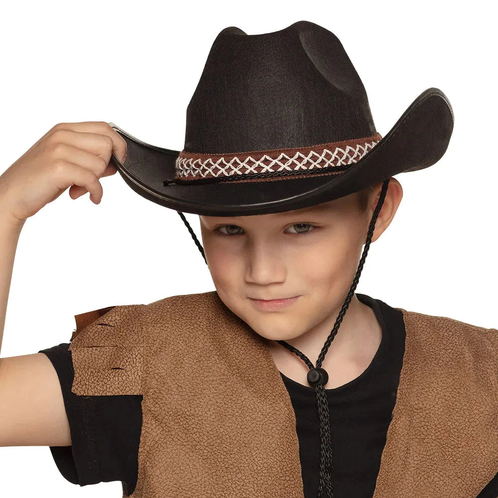 Schwarzer Kinder-Cowboyhut aus robustem Stoff mit breiter Krempe und verstellbarem Band