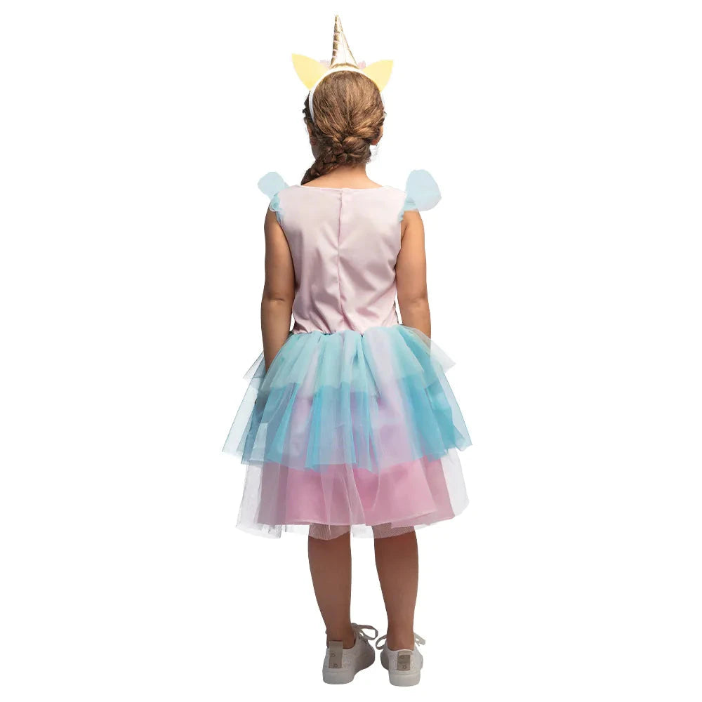 Rosa Glitzerkleid mit Einhorn-Diadem für Kinder, ideal für Fasching oder Geburtstagsfeiern.