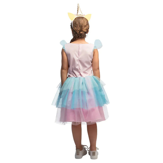 Rosa Glitzerkleid mit Einhorn-Diadem für Kinder, ideal für Fasching oder Geburtstagsfeiern.