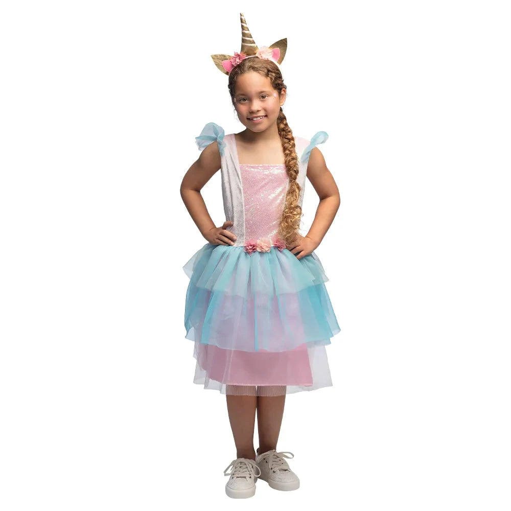 Rosa Glitzerkleid mit Einhorn-Diadem für Mädchen, ideal für Karneval und Geburtstagsfeiern.