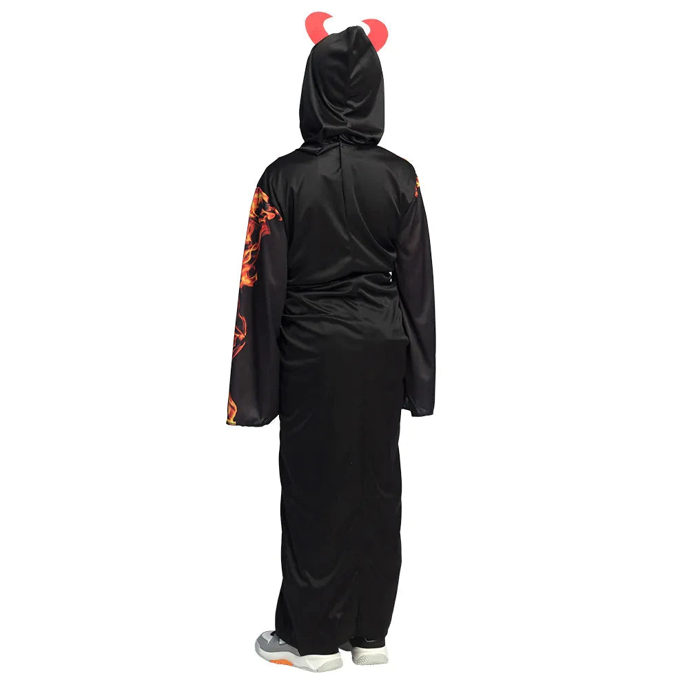 Kinderkostüm in leuchtendem Rot mit Teufelshörnern und Skelettmuster für Halloween.