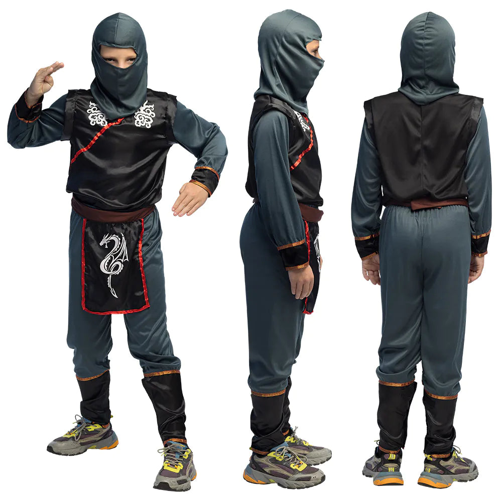 Kinderkostüm Ninja Fugu in Schwarz mit Kapuze, Gürtel und elastischer Hose aus Polyester