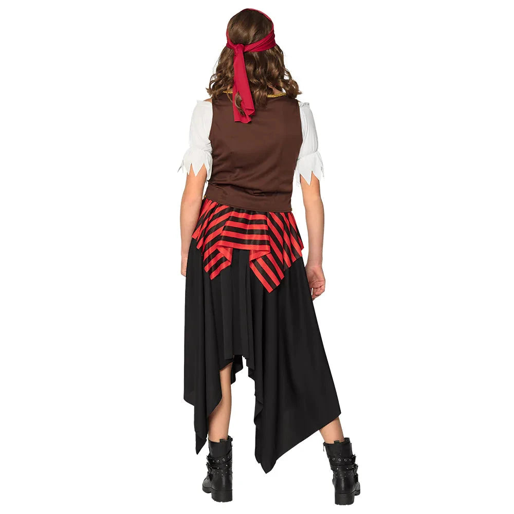 Schwarzes Piratin Tornado Damenkostüm mit auffälligen Grafiken und ausgestellten Ärmeln.