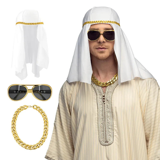 Boland Scheich Faheem Kostüm Set mit Hut, Partybrille und Halskette in gold und schwarz.