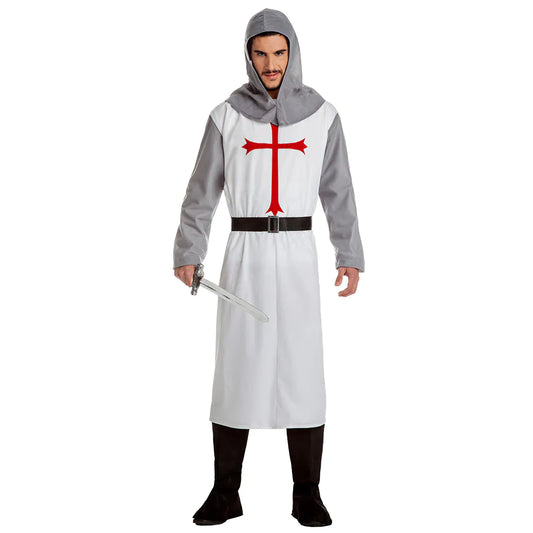Mittelalterliches Kreuzritter Kostüm mit weißer Tunika und rotem Kreuz, Kapuze und Gürtel