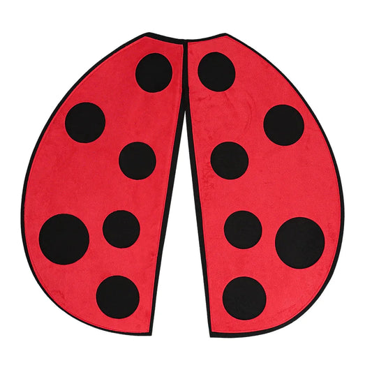 Kostümset mit roten und schwarzen Marienkäferflügeln, Haarreif und wackelnden Brillengläsern.