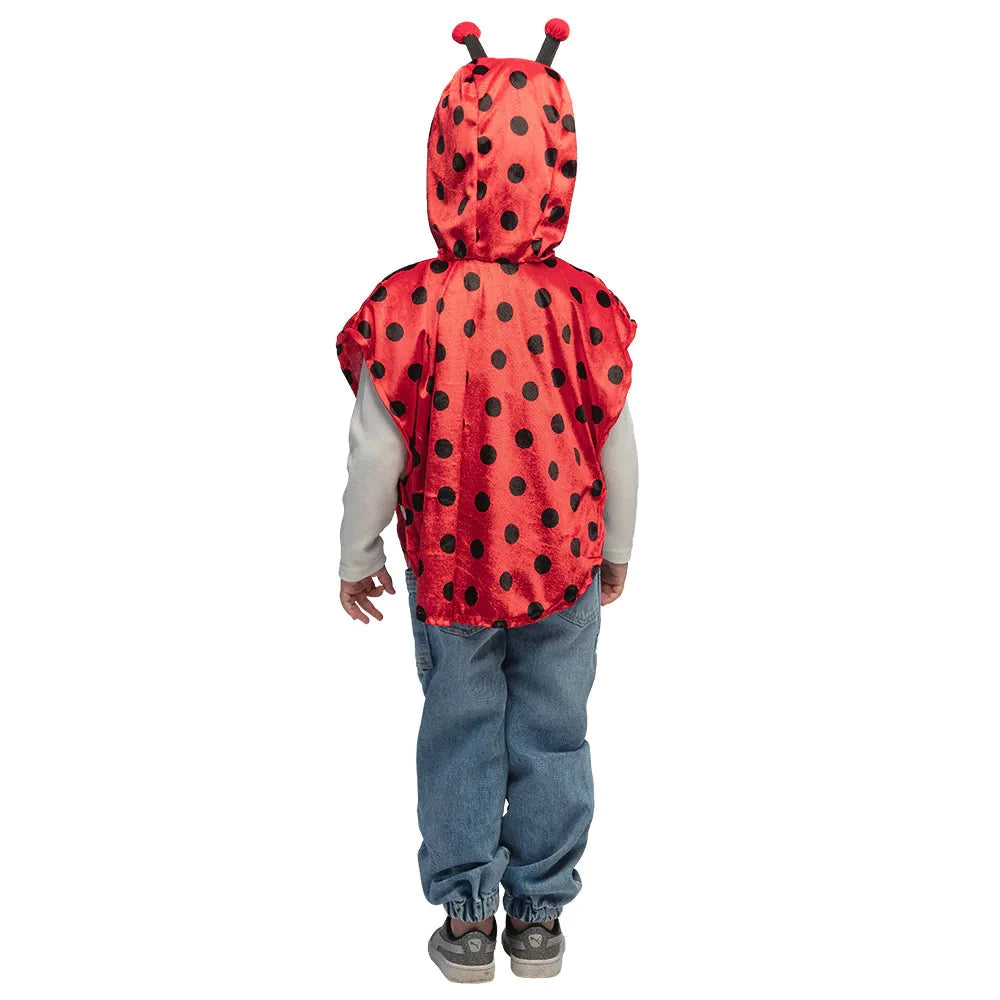 Roter Kinderponcho mit schwarzen Marienkäferpunkten und Antennen-Haarreif für 3-4 Jahre.