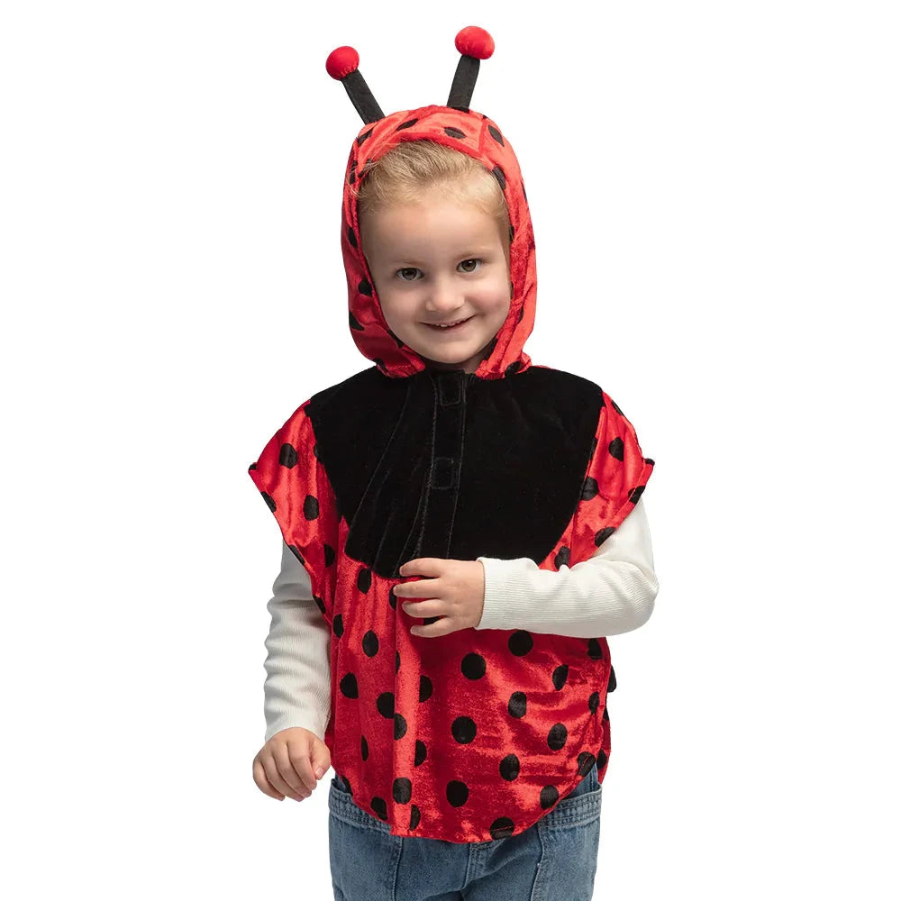 Roter Kinderponcho mit schwarzen Punkten und Antennen für Marienkäferkostüm, ideal für 3-4 Jahre.