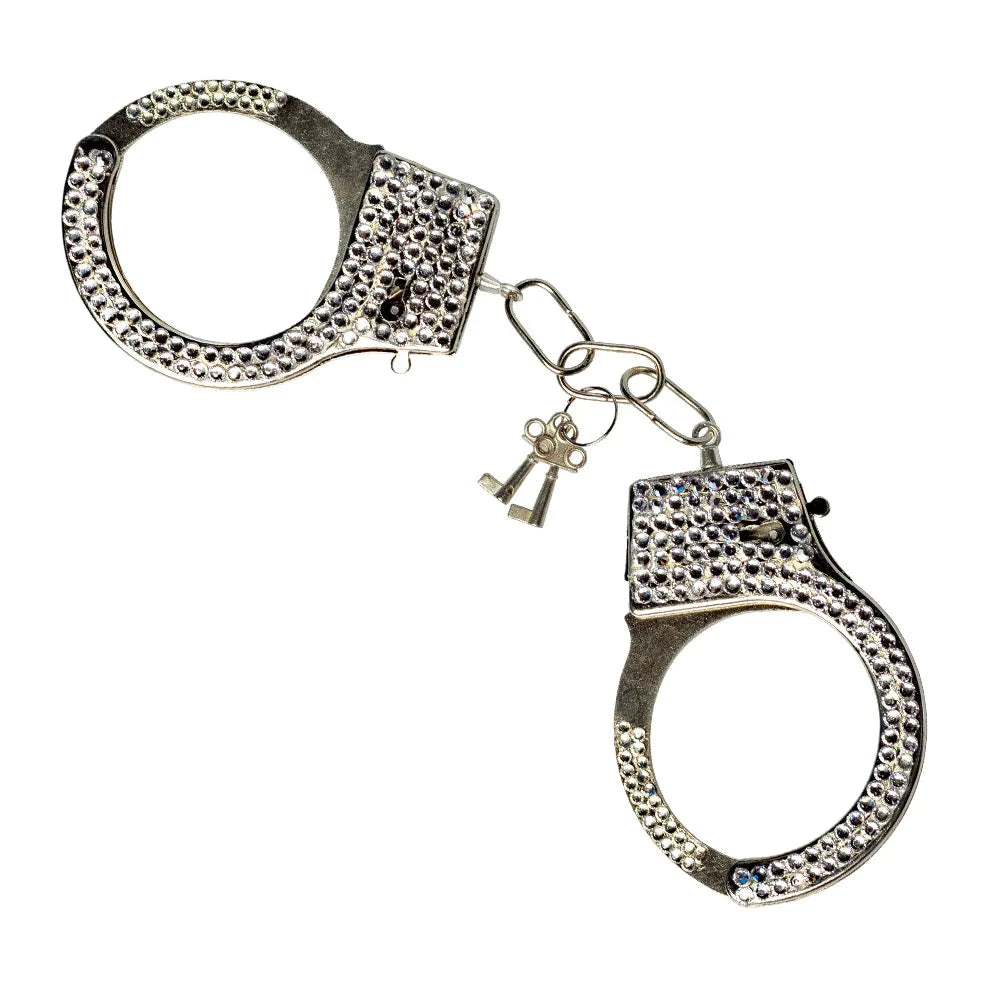 Metall-Handschellen mit funkelnden Strasssteinen und zwei Schlüsseln als Kostümaccessoire