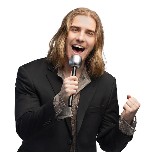 Silbernes Mikrofon-Requisit von 20 cm, leicht und realistisch für Kostüme.