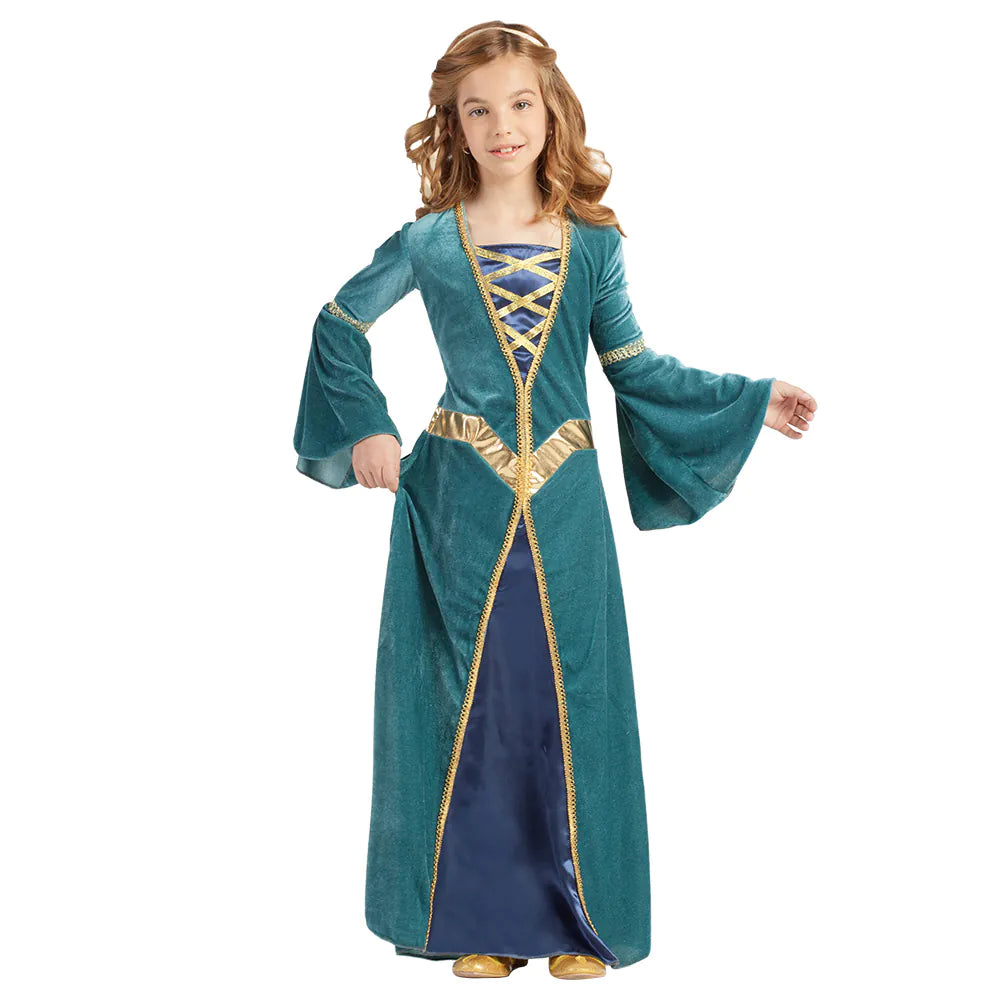 Grünes Mittelalter Kleid mit goldenen Akzenten für Kinder, ideal für Rollenspiele.