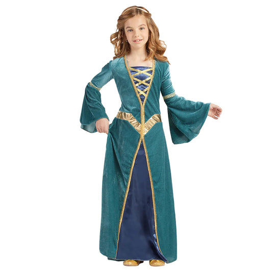 Grünes Mittelalter Kleid mit goldenen Akzenten für Kinder, ideal für Rollenspiele.