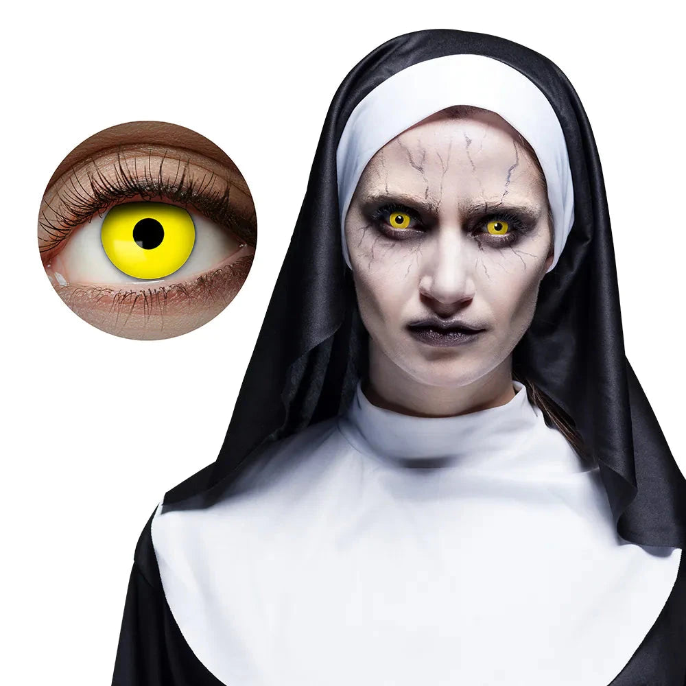 Gelbe UV-Kontaktlinsen mit leuchtendem Effekt, ideal für Halloween und Karneval.