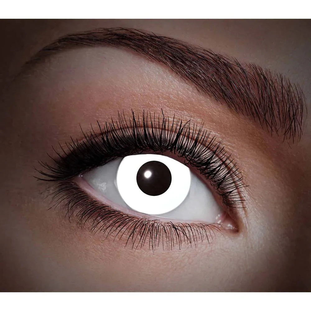 Weiße Monatskontaktlinsen mit UV-Schutz, 14,5 mm Durchmesser, für dramatische Augenblicke.