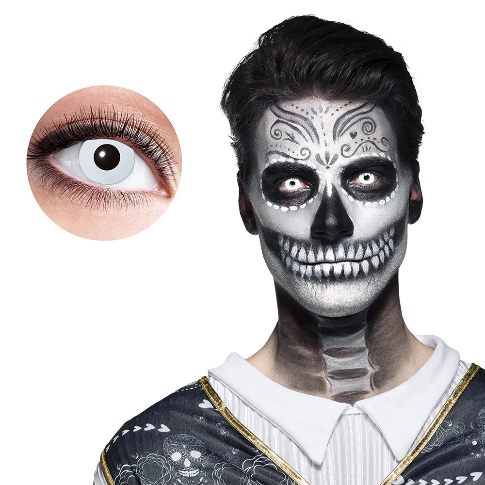 Weiße Monatskontaktlinsen mit UV-Schutz, 14,5 mm Durchmesser, für dramatischen Look.