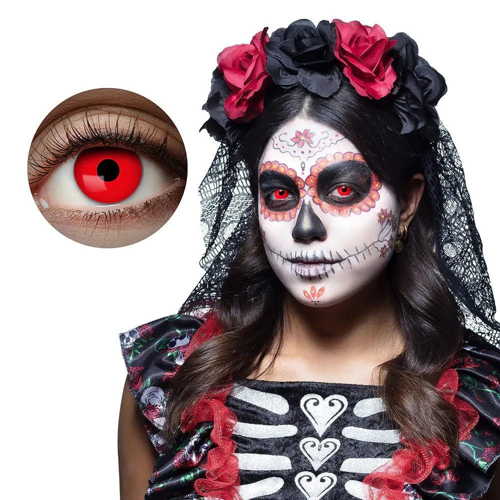Rote Monatskontaktlinsen in leuchtendem Rot, ideal für Kostüme und Halloween.