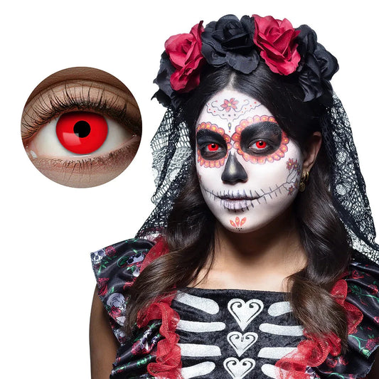 Rote Monatskontaktlinsen in leuchtendem Rot, ideal für Kostüme und Halloween.